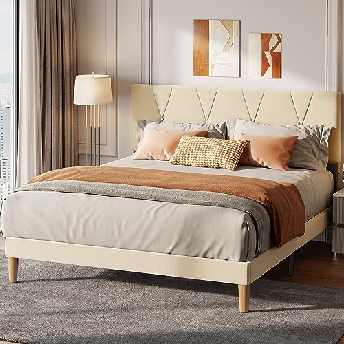 Gizoon Queen Bed Frame with Adjustable Velvet Headboard, Upholstered Platform Bed Frame with Sturdy Metal Frame, Wooden Slats, Noise-Free, No Box Spring Needed (Beige, Queen)