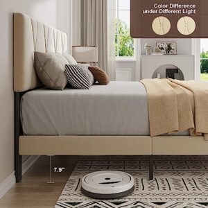 Gizoon Queen Bed Frame with Adjustable Velvet Headboard, Upholstered Platform Bed Frame with Sturdy Metal Frame, Wooden Slats, Noise-Free, No Box Spring Needed (Beige, Queen)