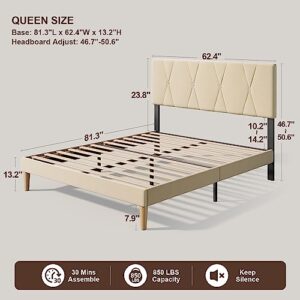 Gizoon Queen Bed Frame with Adjustable Velvet Headboard, Upholstered Platform Bed Frame with Sturdy Metal Frame, Wooden Slats, Noise-Free, No Box Spring Needed (Beige, Queen)