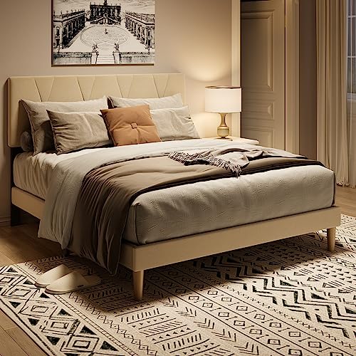 Gizoon Queen Bed Frame with Adjustable Velvet Headboard, Upholstered Platform Bed Frame with Sturdy Metal Frame, Wooden Slats, Noise-Free, No Box Spring Needed (Beige, Queen)