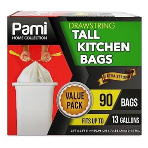 pami tall 13-gallon kitchen drawstring trash bags [90-pack, white] - extra-strong plastic garbage bags- thick trash can liners for kitchen, bathroom & outdoor bins- 2ft x2ft unscented trash bags