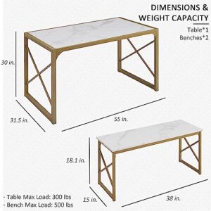 VECELO Kitchen Table with 2 Benches for 6,Wood Dining Room Dinette Sets with Metal Frame for Breakfast Nook and Small Space, 55", White&Gold
