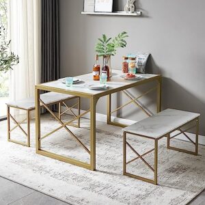 vecelo kitchen table with 2 benches for 6,wood dining room dinette sets with metal frame for breakfast nook and small space, 55", white&gold