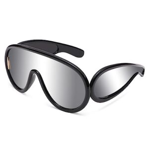fashion cyberpunk wave mask sunglasses for women men oversized futuristic mirrored shield sun glasses shades (black/silver)