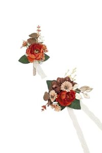 ansofi burnt orange wrist corsage and boutonniere set for wedding, artificial rose flower corsage wristlet and boutonniere set for wedding prom anniversary homecoming formal dinner party