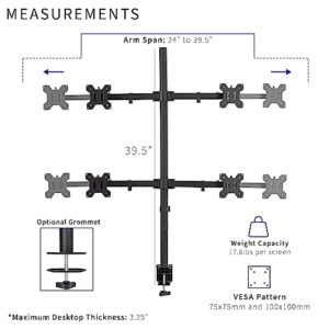 VIVO Premium Quad Ultra Wide LCD LED 27 to 38 inch Monitor Desk Mount, Heavy Duty C-clamp, Extra Tall Pole, Adjustable Telescoping Arms, Flush Wall Setup, Fits 4 Screens, Black, STAND-TS38C-4