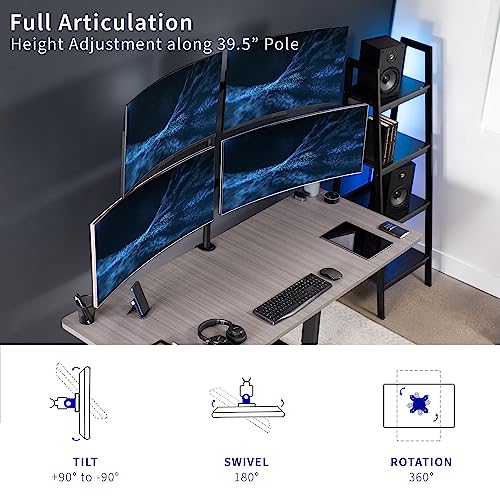 VIVO Premium Quad Ultra Wide LCD LED 27 to 38 inch Monitor Desk Mount, Heavy Duty C-clamp, Extra Tall Pole, Adjustable Telescoping Arms, Flush Wall Setup, Fits 4 Screens, Black, STAND-TS38C-4