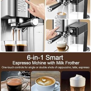 ILAVIE 6-in-1 Espresso Coffee Machine Built-In Automatic Milk Frother, 20 Bar Espresso & Cappuccino & Latte Maker with 34 oz Removeable Water Tank, Ideal for Home Use, Stainless Steel