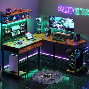 sedeta l shaped gaming desk with led lights and drawers, gaming desk with hutch & pegboard, computer desk with monitor stand, storage shelves, home office desk corner desk, gaming table, rustic brown