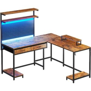 SEDETA L Shaped Gaming Desk with LED Lights and Drawers, Gaming Desk with Hutch & Pegboard, Computer Desk with Monitor Stand, Storage Shelves, Home Office Desk Corner Desk, Gaming Table, Rustic Brown