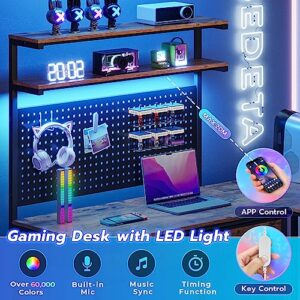 SEDETA L Shaped Gaming Desk with LED Lights and Drawers, Gaming Desk with Hutch & Pegboard, Computer Desk with Monitor Stand, Storage Shelves, Home Office Desk Corner Desk, Gaming Table, Rustic Brown