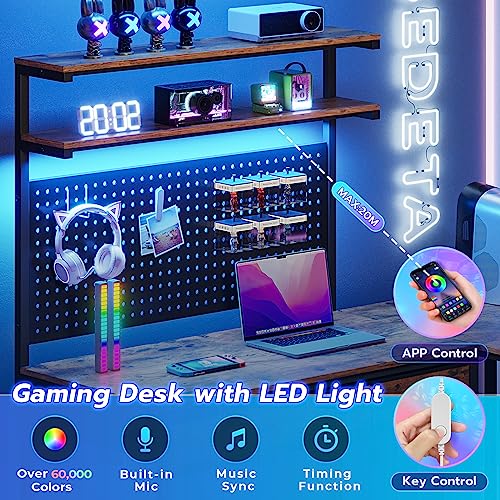 SEDETA L Shaped Gaming Desk with LED Lights and Drawers, Gaming Desk with Hutch & Pegboard, Computer Desk with Monitor Stand, Storage Shelves, Home Office Desk Corner Desk, Gaming Table, Rustic Brown