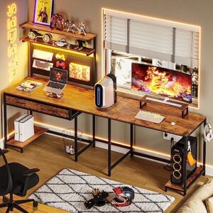 SEDETA L Shaped Gaming Desk with LED Lights and Drawers, Gaming Desk with Hutch & Pegboard, Computer Desk with Monitor Stand, Storage Shelves, Home Office Desk Corner Desk, Gaming Table, Rustic Brown