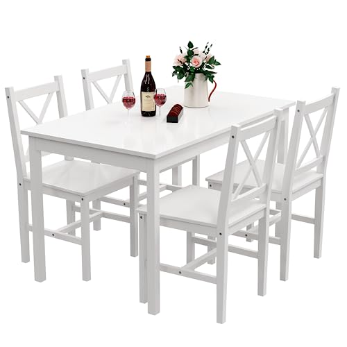 Alohappy Dining Table Set for 4, 5 Piece Kitchen Table Set with 4 Chairs Pine Wood Dining Table Rectangle Breakfast Table and Chairs for Small Space, Space-Saving & Easy Assembly (White)