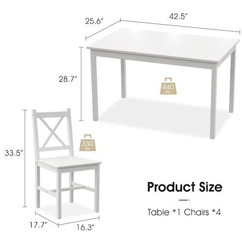 Alohappy Dining Table Set for 4, 5 Piece Kitchen Table Set with 4 Chairs Pine Wood Dining Table Rectangle Breakfast Table and Chairs for Small Space, Space-Saving & Easy Assembly (White)