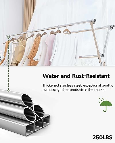 Vikaqi Clothes Drying Rack 95 Inches Folding Outdoor Indoor, Drying Rack Clothing Collapsible, Foldable Laundry Drying Rack, Heavy Duty Stainless Steel Clothesline, 20 Hooks 12 Clips