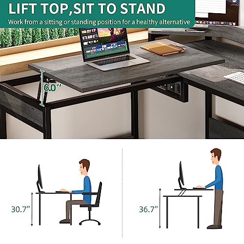 YITAHOME L Shaped Desk with File Drawer, 65" Large Computer Desk Corner Desk with Lift Top, Standing Desk Height Adjustable with Monitor Stand & Storage Shelves for Home Office, Grey