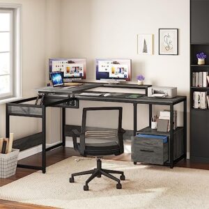 YITAHOME L Shaped Desk with File Drawer, 65" Large Computer Desk Corner Desk with Lift Top, Standing Desk Height Adjustable with Monitor Stand & Storage Shelves for Home Office, Grey