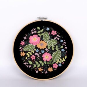 stamped embroidery starters kits with pattern for beginners little pink flowers with hoops black cloth threads needlework art cross stitch kits for adults students home decoration