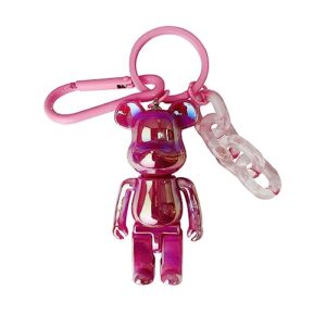 teddy bear acrylic metal keychain with free mirror, for women girl, funny cool colorful, for car keys bags ornaments gifts (pink)
