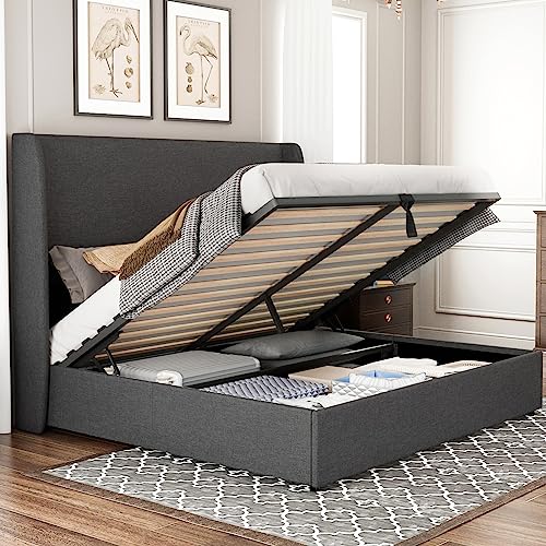 Jocisland Lift Up Storage Bed Queen Size Linen Upholstered Platform Bed Frame/Hydraulic Storage/Modern Wingback Headboard/No Box Spring Needed/Wood Slats Support/Dark Grey