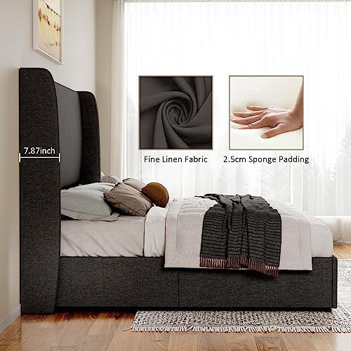 Jocisland Lift Up Storage Bed Queen Size Linen Upholstered Platform Bed Frame/Hydraulic Storage/Modern Wingback Headboard/No Box Spring Needed/Wood Slats Support/Dark Grey