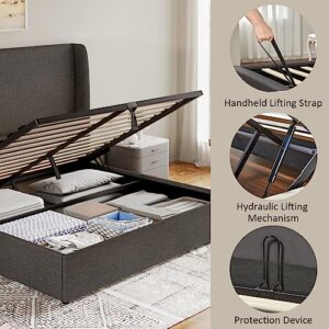 Jocisland Lift Up Storage Bed Queen Size Linen Upholstered Platform Bed Frame/Hydraulic Storage/Modern Wingback Headboard/No Box Spring Needed/Wood Slats Support/Dark Grey