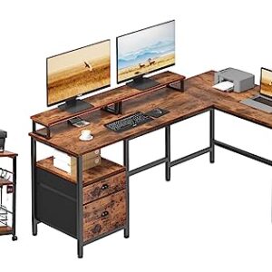 Furologee 66" L Shaped Computer Desk and Printer Stand, Corner Gaming Desk with File Drawer, Shelves and Dual Monitor Stand, Mobile 3 Tier Printer Table with Wheels and 2 Hooks, for Home Office