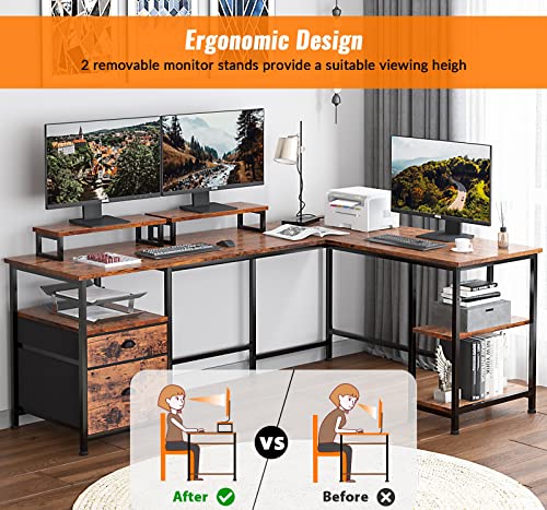 Furologee 66" L Shaped Computer Desk and Printer Stand, Corner Gaming Desk with File Drawer, Shelves and Dual Monitor Stand, Mobile 3 Tier Printer Table with Wheels and 2 Hooks, for Home Office