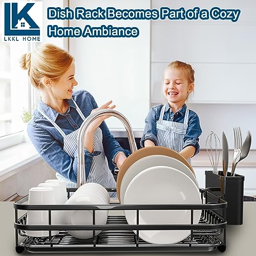 LKKL Dish Drying Rack, Large Capacity Dish Rack for Kitchen Counter, Extendable Dish Rack, Anti-Rust Stainless Steel Dish Drainer with Utensil Holder Cups Holder, Black