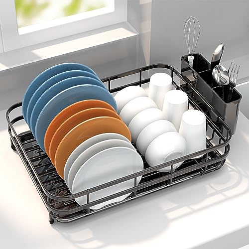 LKKL Dish Drying Rack, Large Capacity Dish Rack for Kitchen Counter, Extendable Dish Rack, Anti-Rust Stainless Steel Dish Drainer with Utensil Holder Cups Holder, Black