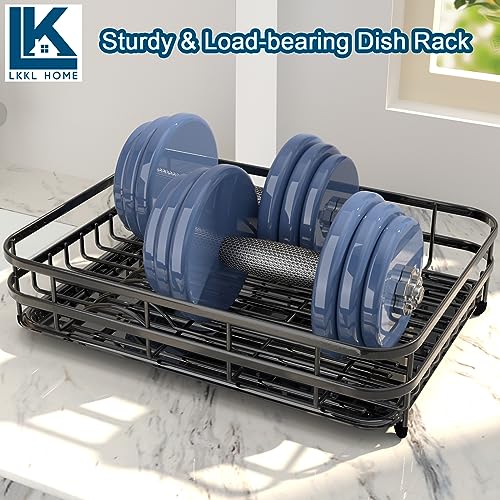 LKKL Dish Drying Rack, Large Capacity Dish Rack for Kitchen Counter, Extendable Dish Rack, Anti-Rust Stainless Steel Dish Drainer with Utensil Holder Cups Holder, Black