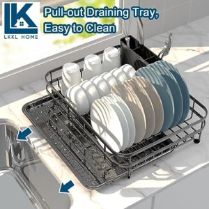 LKKL Dish Drying Rack, Large Capacity Dish Rack for Kitchen Counter, Extendable Dish Rack, Anti-Rust Stainless Steel Dish Drainer with Utensil Holder Cups Holder, Black