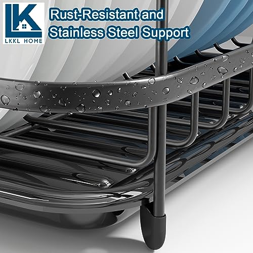 LKKL Dish Drying Rack, Large Capacity Dish Rack for Kitchen Counter, Extendable Dish Rack, Anti-Rust Stainless Steel Dish Drainer with Utensil Holder Cups Holder, Black