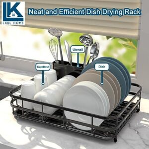 LKKL Dish Drying Rack, Large Capacity Dish Rack for Kitchen Counter, Extendable Dish Rack, Anti-Rust Stainless Steel Dish Drainer with Utensil Holder Cups Holder, Black