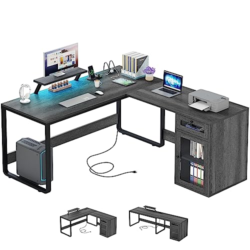 YITAHOME L Shaped Desk with Power Outlets & LED Lights, Reversible Computer Desk with Drawer, Corner Desk Home Office Desk with Monitor Stand and File Cabinet, Gaming Table, Writing Desk, Grey