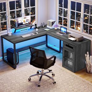 YITAHOME L Shaped Desk with Power Outlets & LED Lights, Reversible Computer Desk with Drawer, Corner Desk Home Office Desk with Monitor Stand and File Cabinet, Gaming Table, Writing Desk, Grey