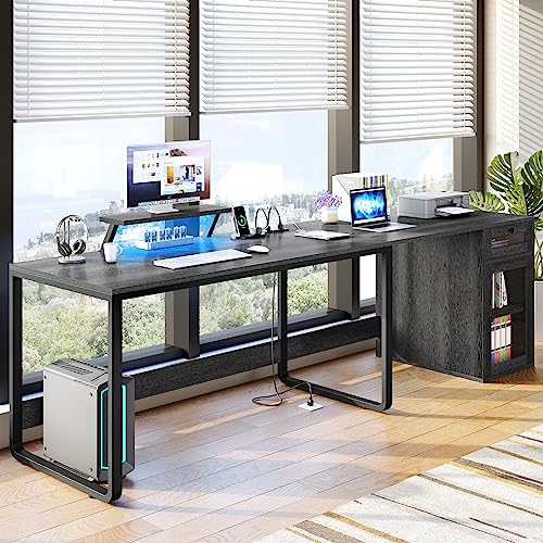 YITAHOME L Shaped Desk with Power Outlets & LED Lights, Reversible Computer Desk with Drawer, Corner Desk Home Office Desk with Monitor Stand and File Cabinet, Gaming Table, Writing Desk, Grey