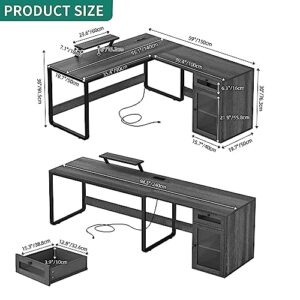 YITAHOME L Shaped Desk with Power Outlets & LED Lights, Reversible Computer Desk with Drawer, Corner Desk Home Office Desk with Monitor Stand and File Cabinet, Gaming Table, Writing Desk, Grey