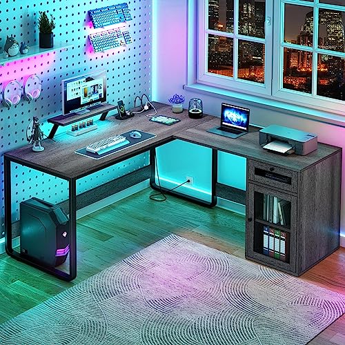 YITAHOME L Shaped Desk with Power Outlets & LED Lights, Reversible Computer Desk with Drawer, Corner Desk Home Office Desk with Monitor Stand and File Cabinet, Gaming Table, Writing Desk, Grey