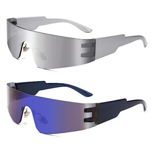 coasion y2k silver futuristic metallic sunglasses cyberpunk concert glasses for women men, game 2077 costume eyewear (silver/silver mirror + black/blue mirror)