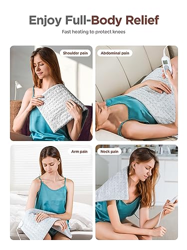 Heating Pad for Back & Cramps Relief,Electric Heat Pad Fast Heat,6 Level Heat Setting,3 Level Timming,Auto Shut Off,Machine Washable,Suitable for Back,Neck,Abdomen Pain Relief(Light Grey, 12'' × 24'')