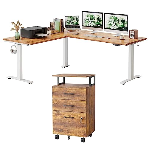 FEZIBO 75 Inch L Shaped Standing Desk with File Cabinet, Rustic Brown