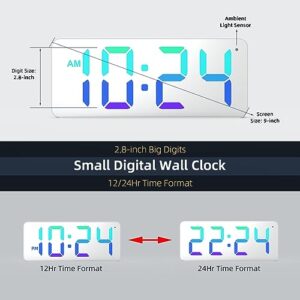 XUANZIT Wall Clock - LED Digital Wall Clock with Dynamic RGB Display, Mirror Surface, Big Digits, Auto-Dimming, Small Silent Wall Clock for Living Room, Bedroom, Farmhouse, Kitchen, Office