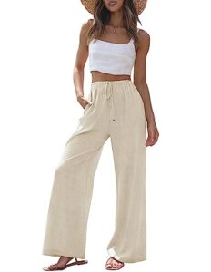 zesica women's summer linen wide leg flowy palazzo pants casual high waisted loose trousers with pockets，apricot，large
