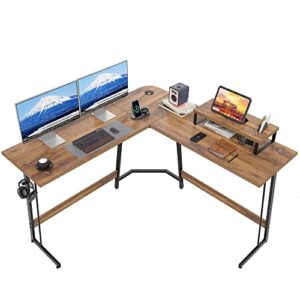banti l shaped desk, computer gaming desk, home corner desk, office writing workstation with large monitor stand, space-saving, easy to assemble, brown