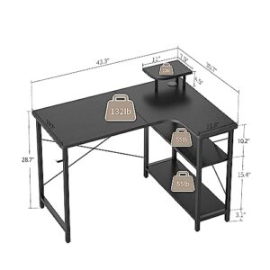 BANTI 43 Inch Corner Computer Desk with Right Storage Shelves, Small L Shaped Office Desk with Top Shelf, Study Writing Table, Black