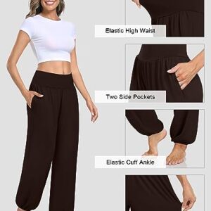 UEU Women's Harem Casual Loose Pants Yoga Sweatpants Flowy High Waisted Lounge Comfy Pajama Joggers with Pockets DarkCoffee L