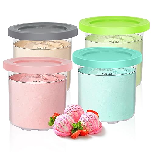 FRMZBWK Creami Pint Containers Compatible With NC299AMZ & NC300s Series Cream Maker - Dishwasher Safe For Ninja Creami Pints and Lids - 4 Pack Leak Proof Lids(4 Pack - Blue, Pink, Green, Yellow)