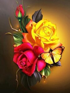 glowing butterfly rose stamped cross stitch kits-red yellow rose flower needlepoint counted cross stitch kits for beginners adults patterns dimensions embroidery kits arts and crafts (11ct)/12x16 inch